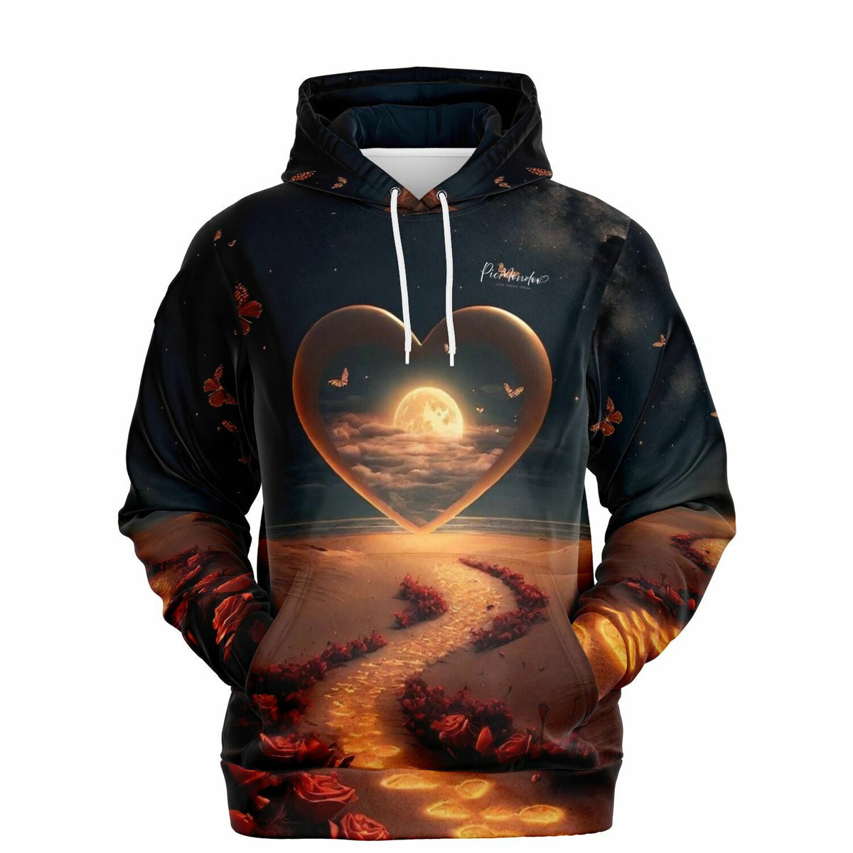 Dreamer Hoodie mit Herz-Mond-Motiv und Rosenweg, perfekt für Fans von kreativen Designs im Stil von Diamond Painting.