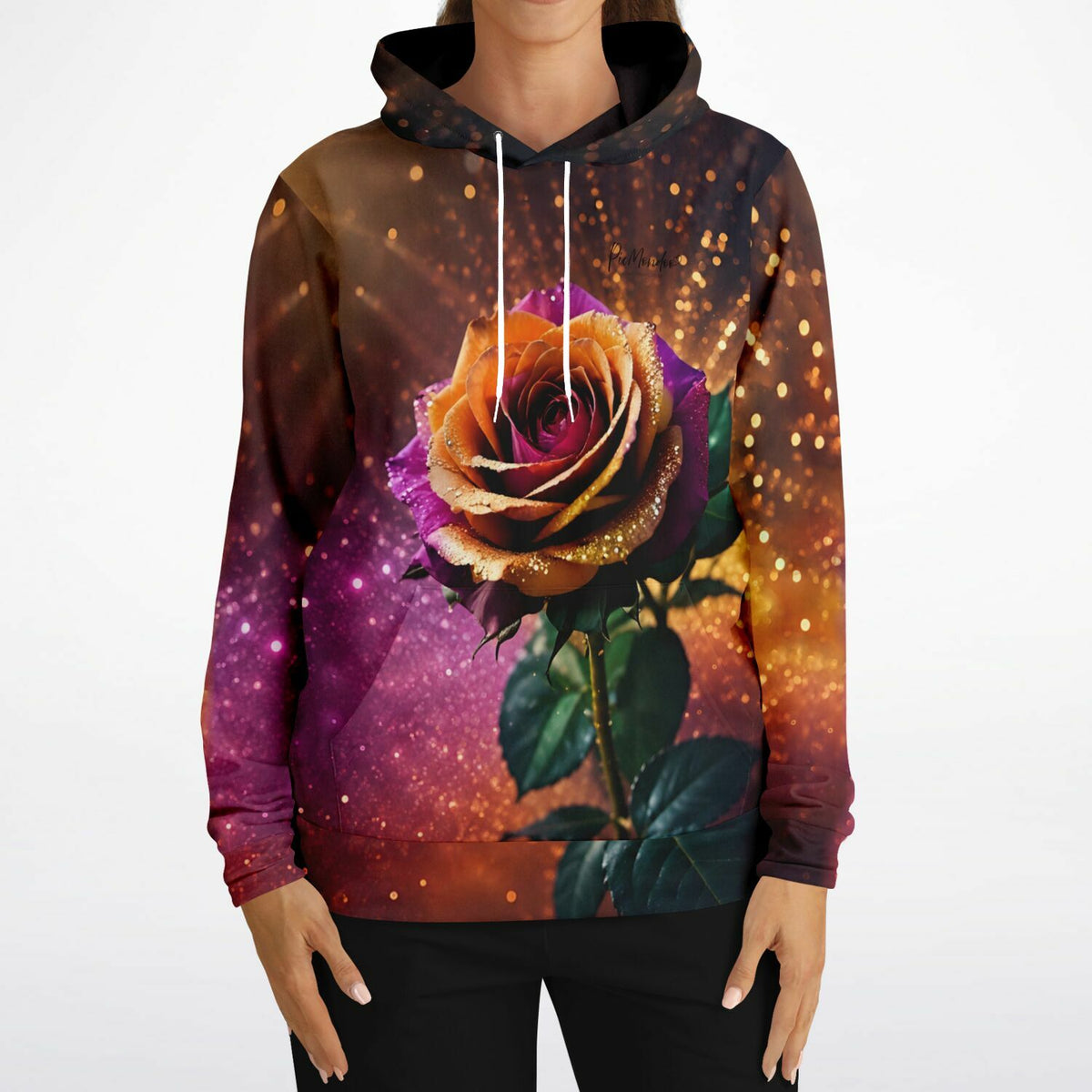 Dreamer Hoodie mit farbenfrohem Rosen-Motiv, inspiriert von Diamond Painting Ästhetik in Lila, Orange und Gold.