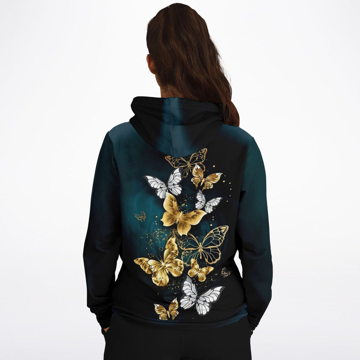 Schwarzer Hoodie mit goldenen Schmetterlingen, ästhetisches Design passend zu Diamond Painting und Malen nach Zahlen Motiven