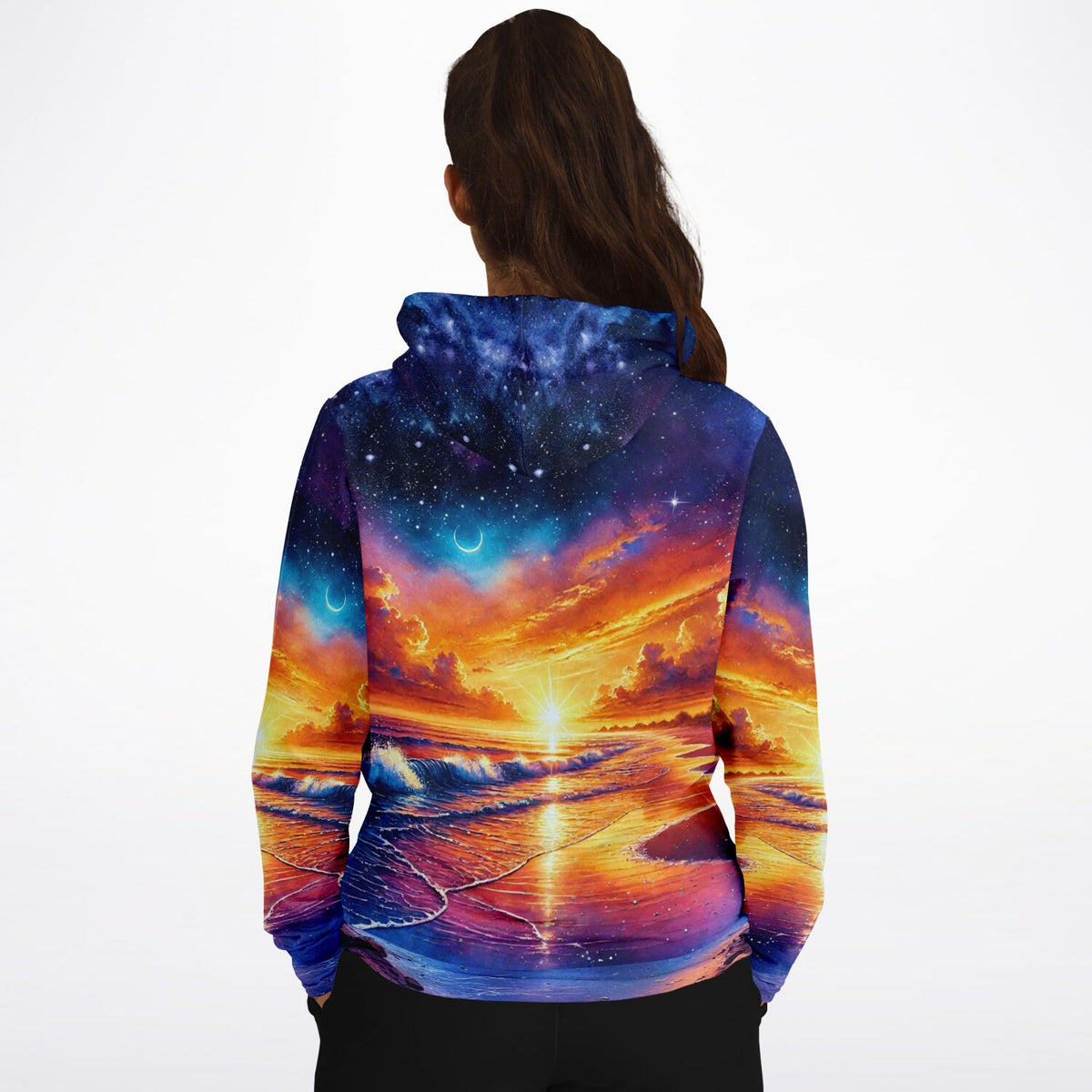 Dreamer Hoodie mit farbenfrohem Motiv: Sonnenuntergang am Meer und Sternenhimmel im Stil von Malen nach Zahlen Designs