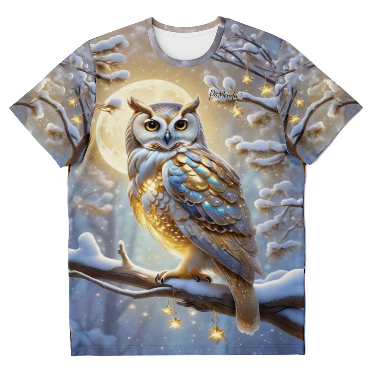 T-Shirt mit goldener Schneeeule im Vollmond-Design, inspiriert von den beliebten Diamond Painting Motiven bei Picmondoo.
