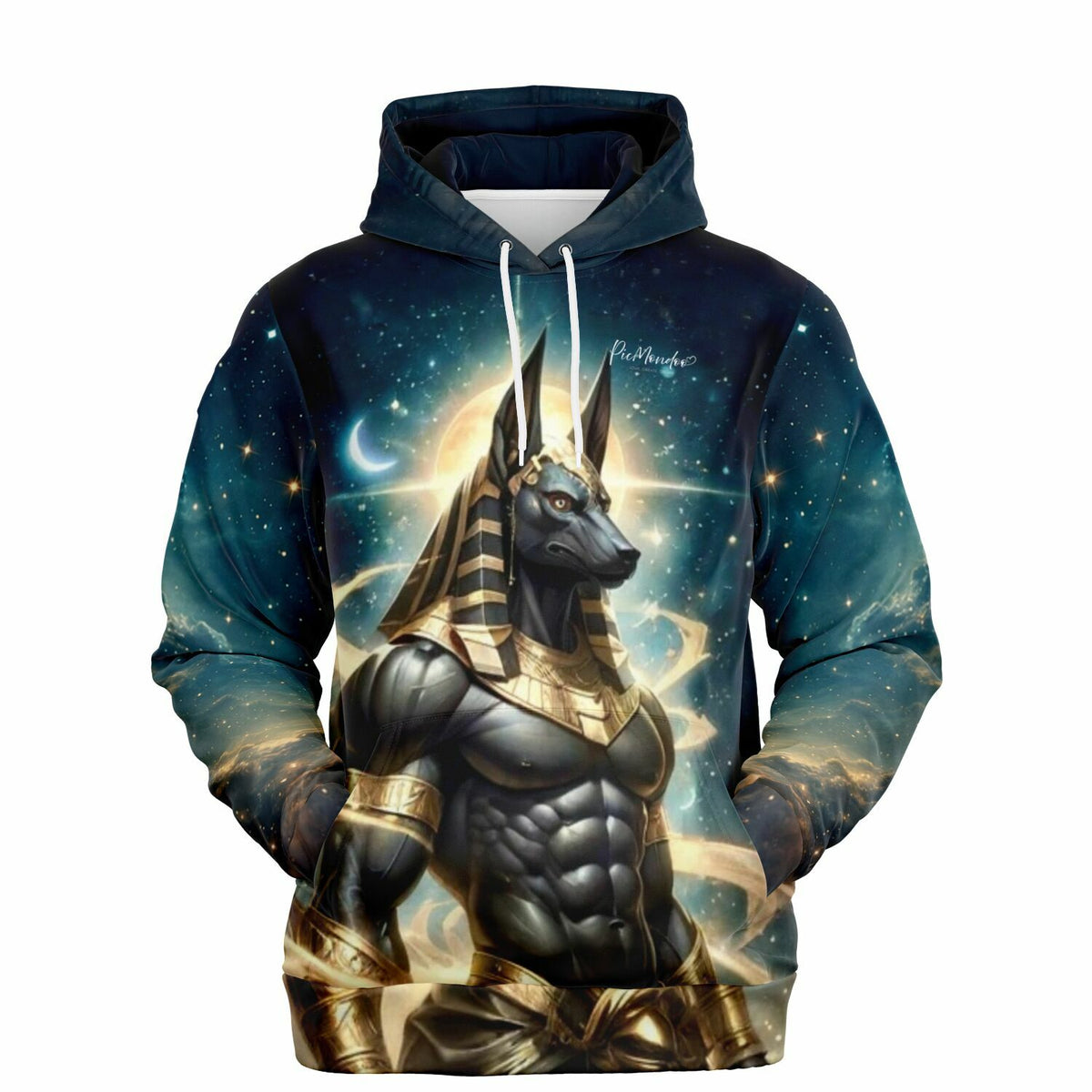Dreamer Hoodie mit ägyptischem Anubis Motiv, detaillierter All-Over-Print im galaktischen Design in bester Picmondoo Qualität