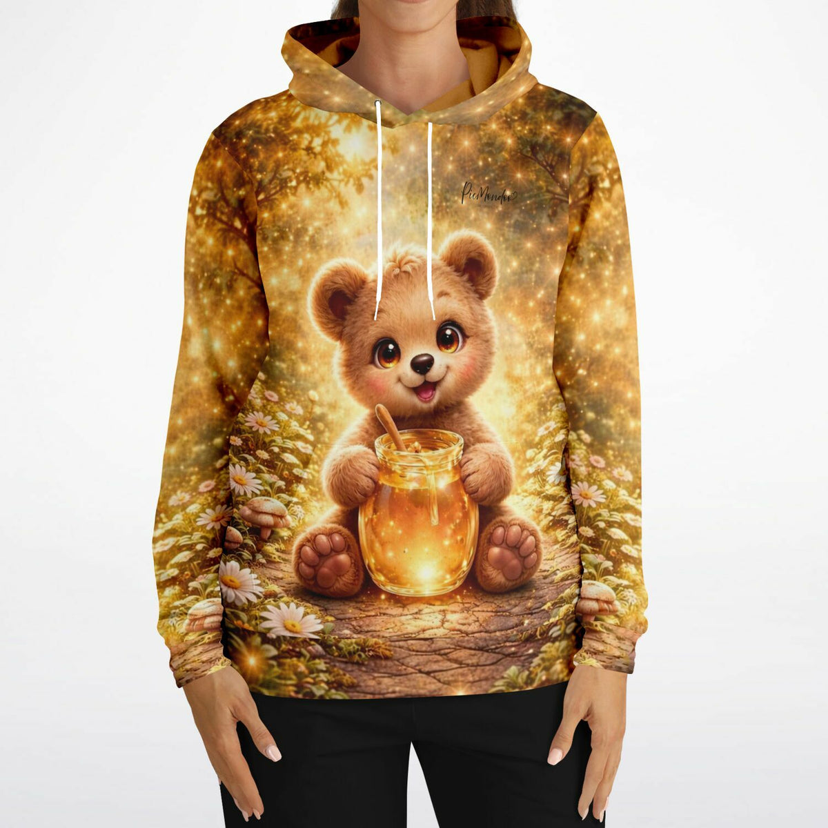 Dreamer Hoodie mit niedlichem Teddybär-Motiv, inspiriert von Diamond Painting Kunst in warmen Goldtönen mit Blumen.