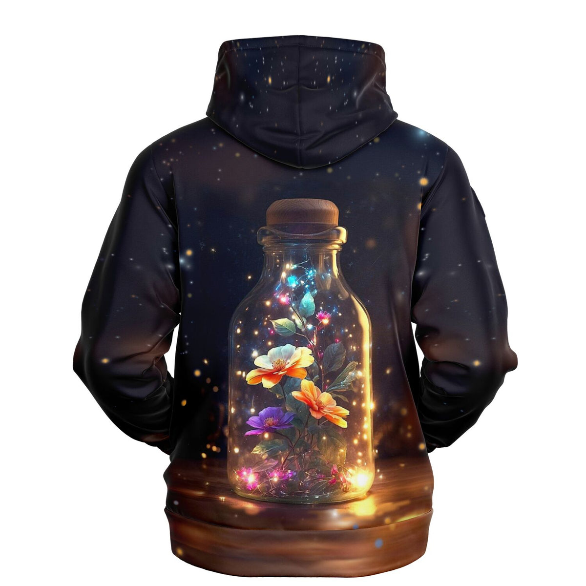 Schwarzer Hoodie mit Leuchtender Blütenzauber Motiv, inspiriert von Diamond Painting Details in einer Glasflasche.