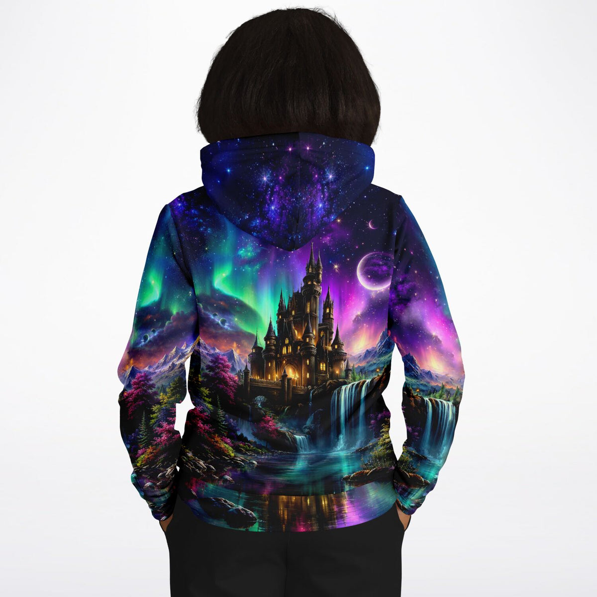 Dreamer Hoodie Echos des Himmels mit Schloss, Polarlichtern und Galaxie-Motiv im All-Over-Print Design