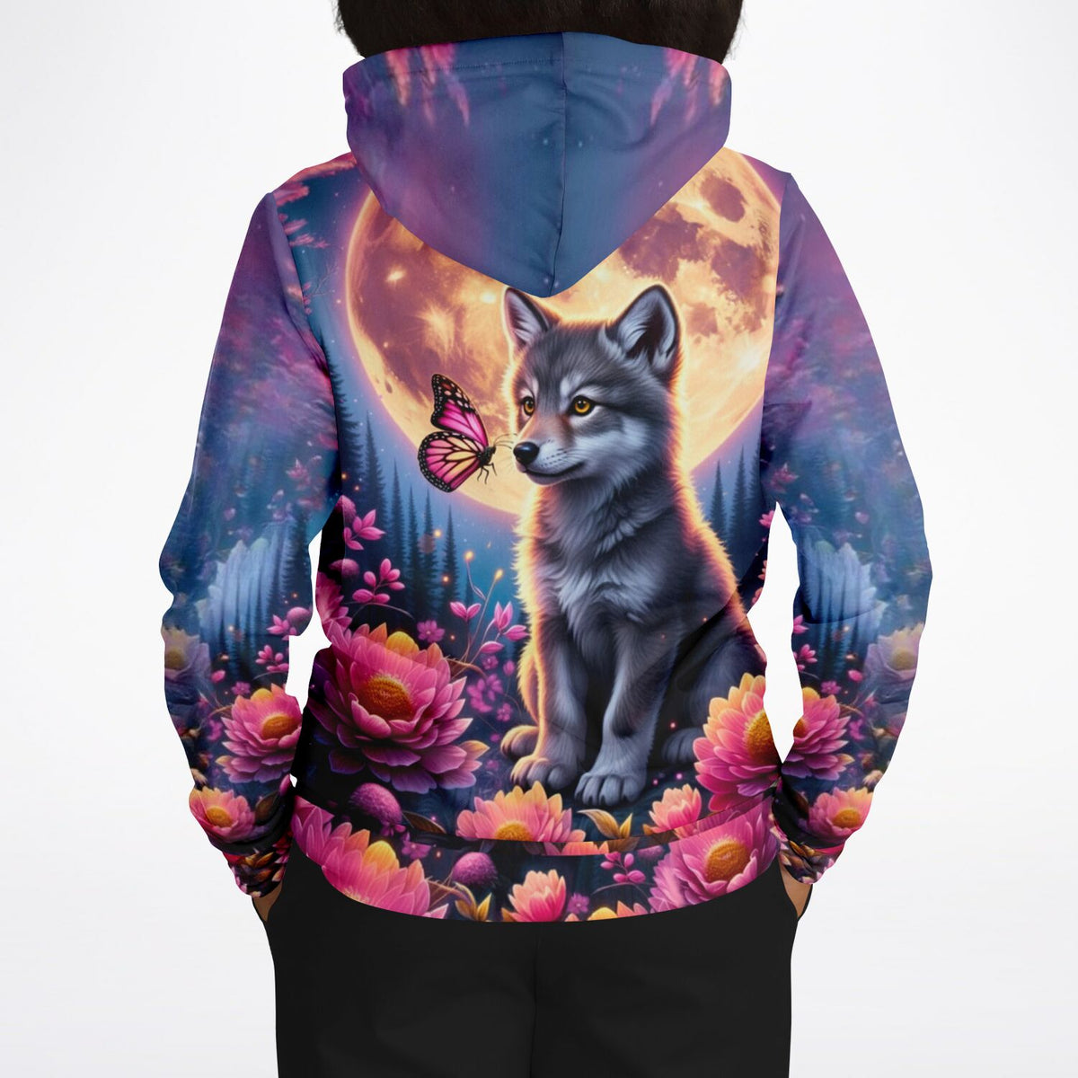 Dreamer Hoodie mit Wolf, Schmetterling und Mond Motiv – beliebt als Vorlage für Malen nach Zahlen und Diamond Painting