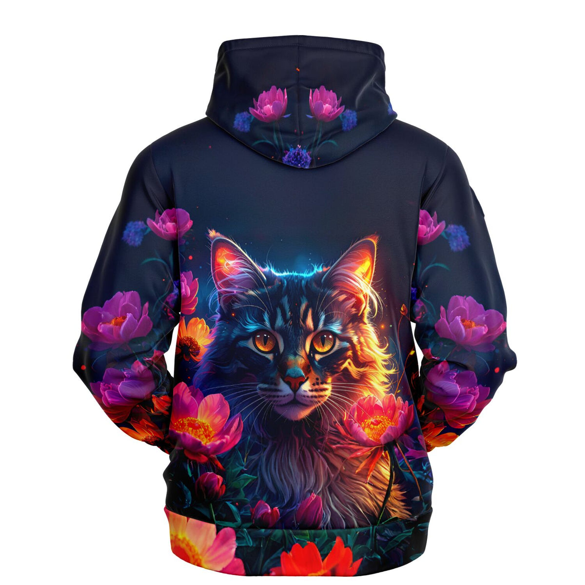 Dreamer Hoodie Hüterin der Nachtblüten mit farbenprächtigem Katzen-Motiv, kunstvoller AOP-Druck in leuchtenden Farben