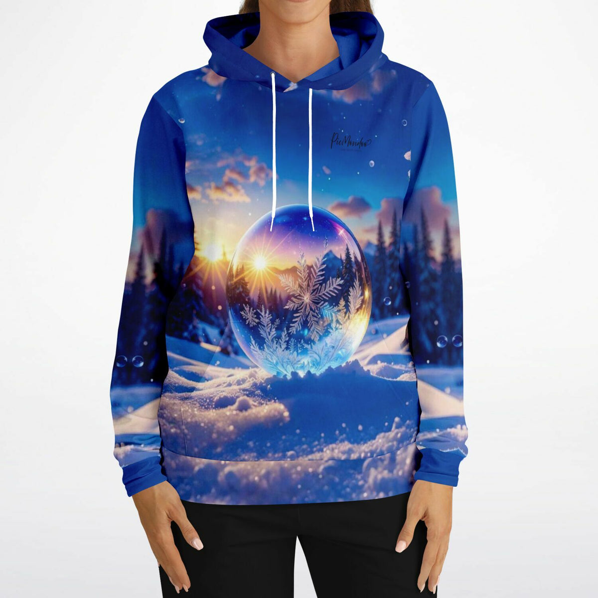 Dreamer Hoodie Kristallwelt im Diamond Painting Design mit Winterlandschaft, Schneekugel und leuchtendem Sonnenuntergang