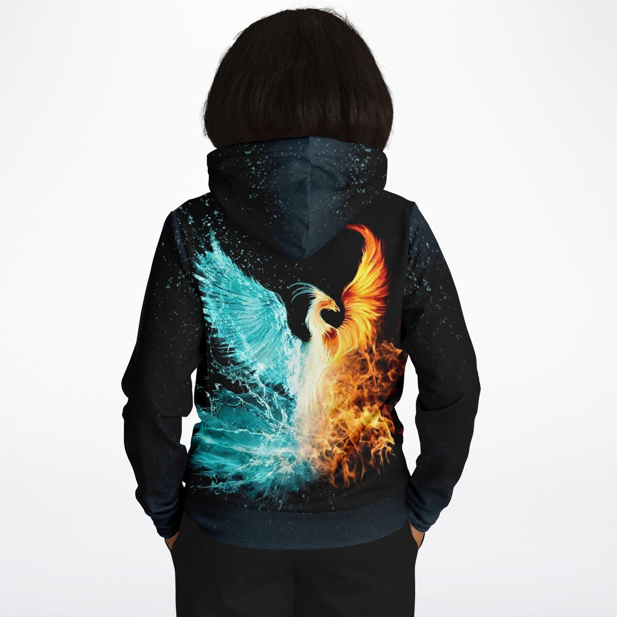 Dreamer Hoodie Phönix der Elemente mit flammendem Feuer- und Wasser-Motiv auf schwarzem Stoff