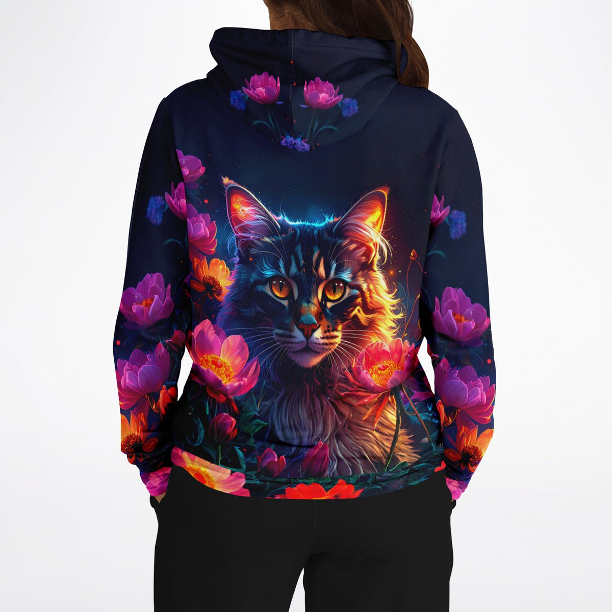 Dreamer Hoodie Hüterin der Nachtblüten mit leuchtendem Katzen-Motiv, kunstvoller All-Over-Print im Stil von DIY-Kunst