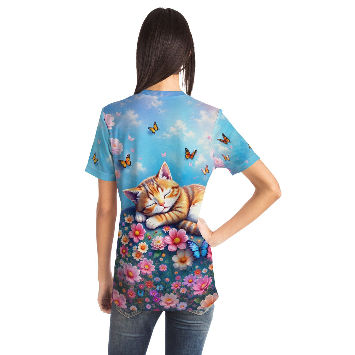 Dreamer T-Shirt mit schlafender Katze, Blumenwiese und Schmetterlingen im Stil unserer beliebten Diamond Painting Motive