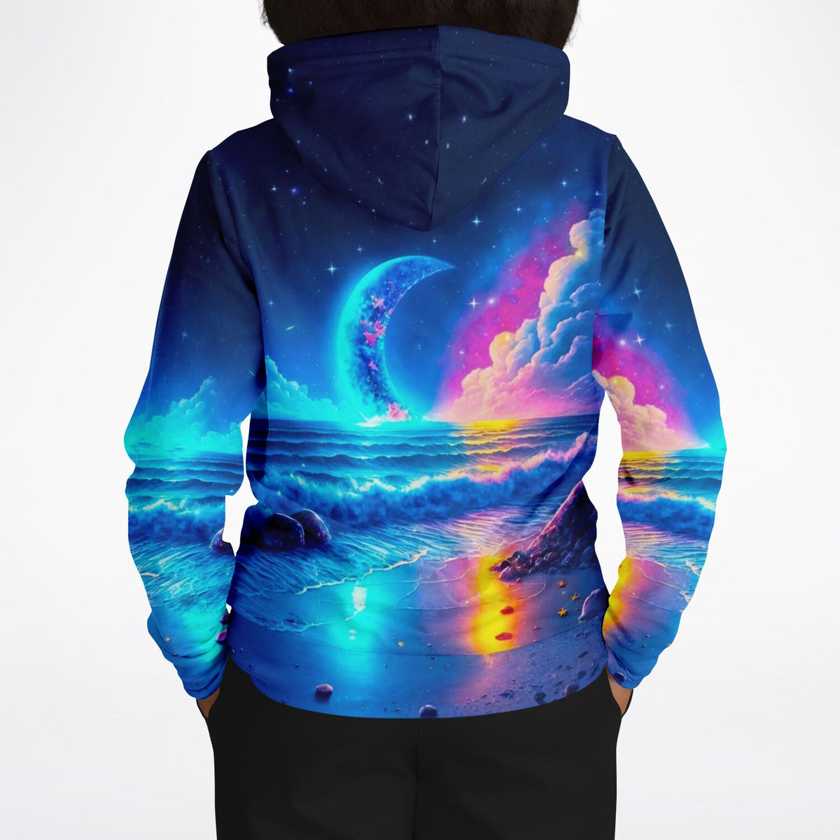Dreamer Hoodie mit farbenfrohem Motiv Strand im Mondschein, ideal für Fans von Diamond Painting und Malen nach Zahlen