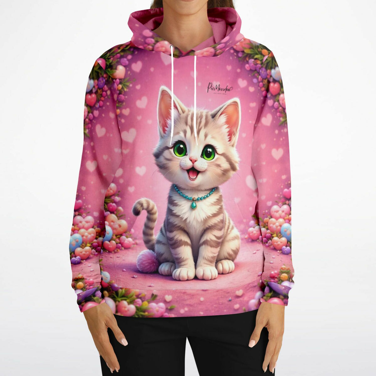 Rosa Dreamer Hoodie mit süßem Katzen-Motiv, Herz-Design und Picmondoo-Logo für Fans von Diamond Painting und Kreativität.