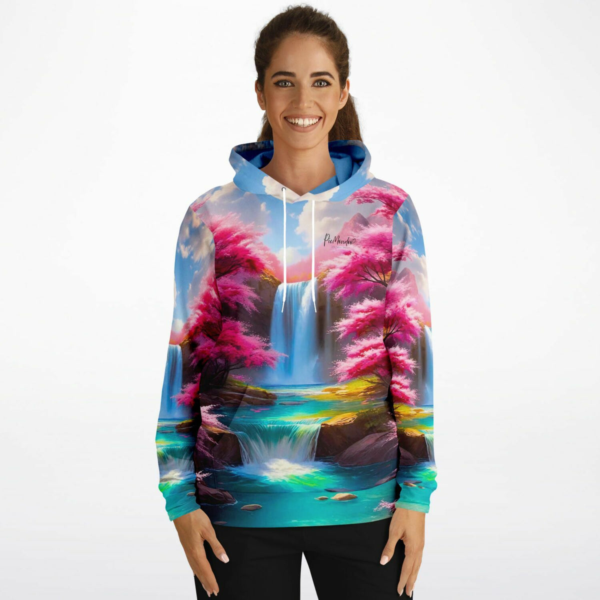 Dreamer Hoodie mit Kirschblüten und Wasserfall-Motiv für Fans von Diamond Painting und Malen nach Zahlen