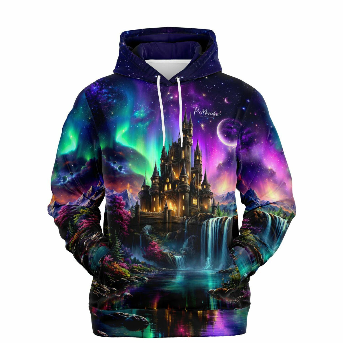 Dreamer Hoodie Echos des Himmels mit magischem Schloss, Polarlichtern und Wasserfall, passend zu Diamond Painting Motiven