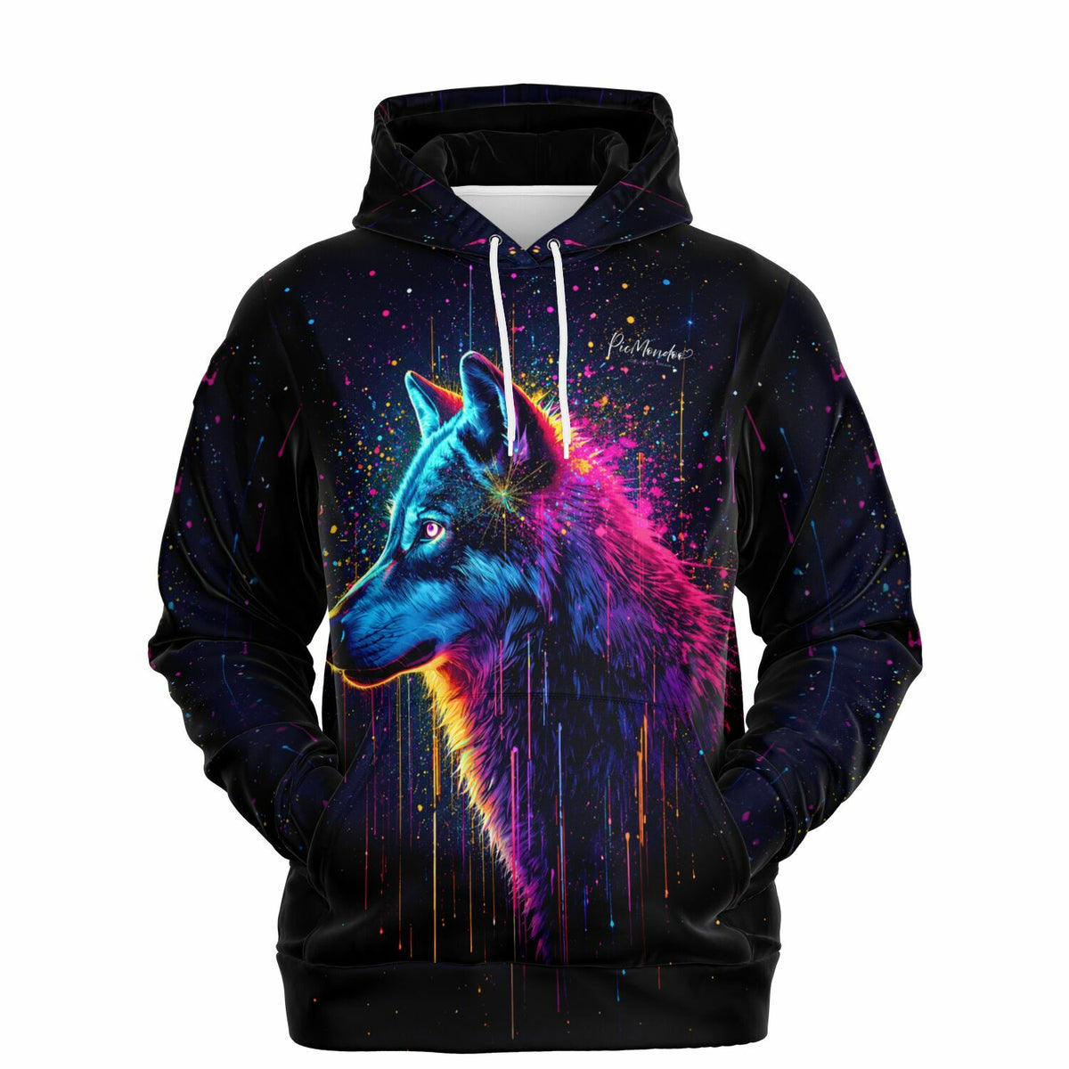 Schwarzer Picmondoo Kapuzenpullover mit neonfarbenem Wolfskopf-Motiv im einzigartigen Diamond Painting Stil