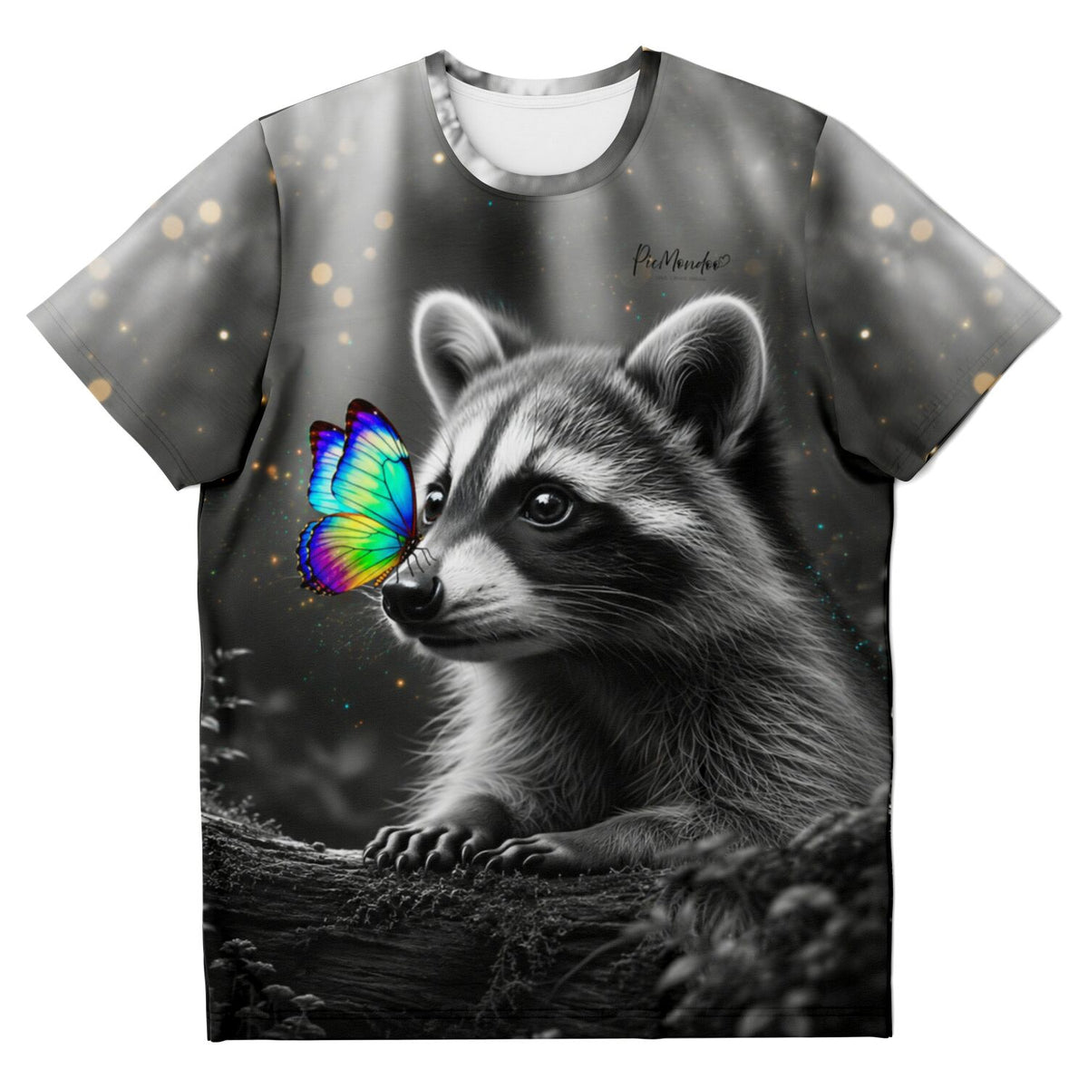 Dreamer T-Shirt mit Waschbär-Motiv und buntem Schmetterling, passend zum Stil unserer Diamond Painting Sets.