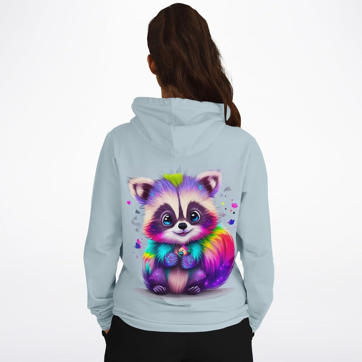 Hellblauer Hoodie mit buntem Waschbär-Motiv im Stil von Diamond Painting und Malen nach Zahlen Kunstwerken