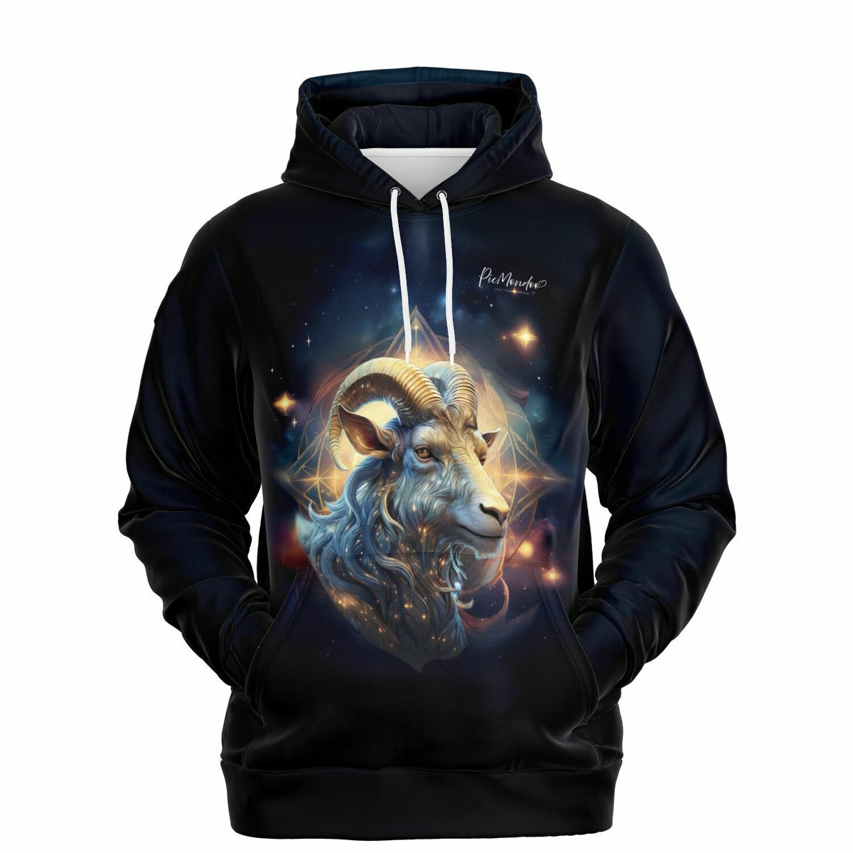 Schwarzer Picmondoo Dreamer Hoodie mit Steinbock Sternzeichen Motiv und magischem Galaxy-Design für kreative Fans