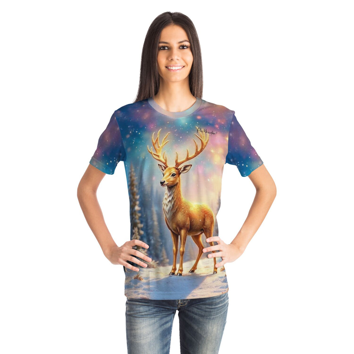 Frau trägt Dreamer T-Shirt mit Golden Hirsch Motiv – perfekt für Fans von Diamond Painting und Malen nach Zahlen