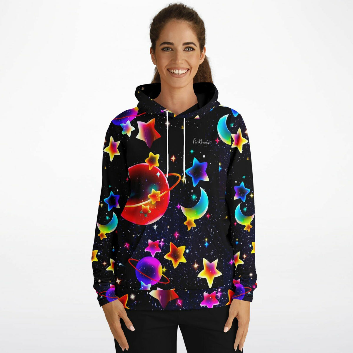 Dreamer Hoodie im bunten Universum Design mit farbenfrohen Planeten, Sternen und Monden für kreative Fashion-Fans