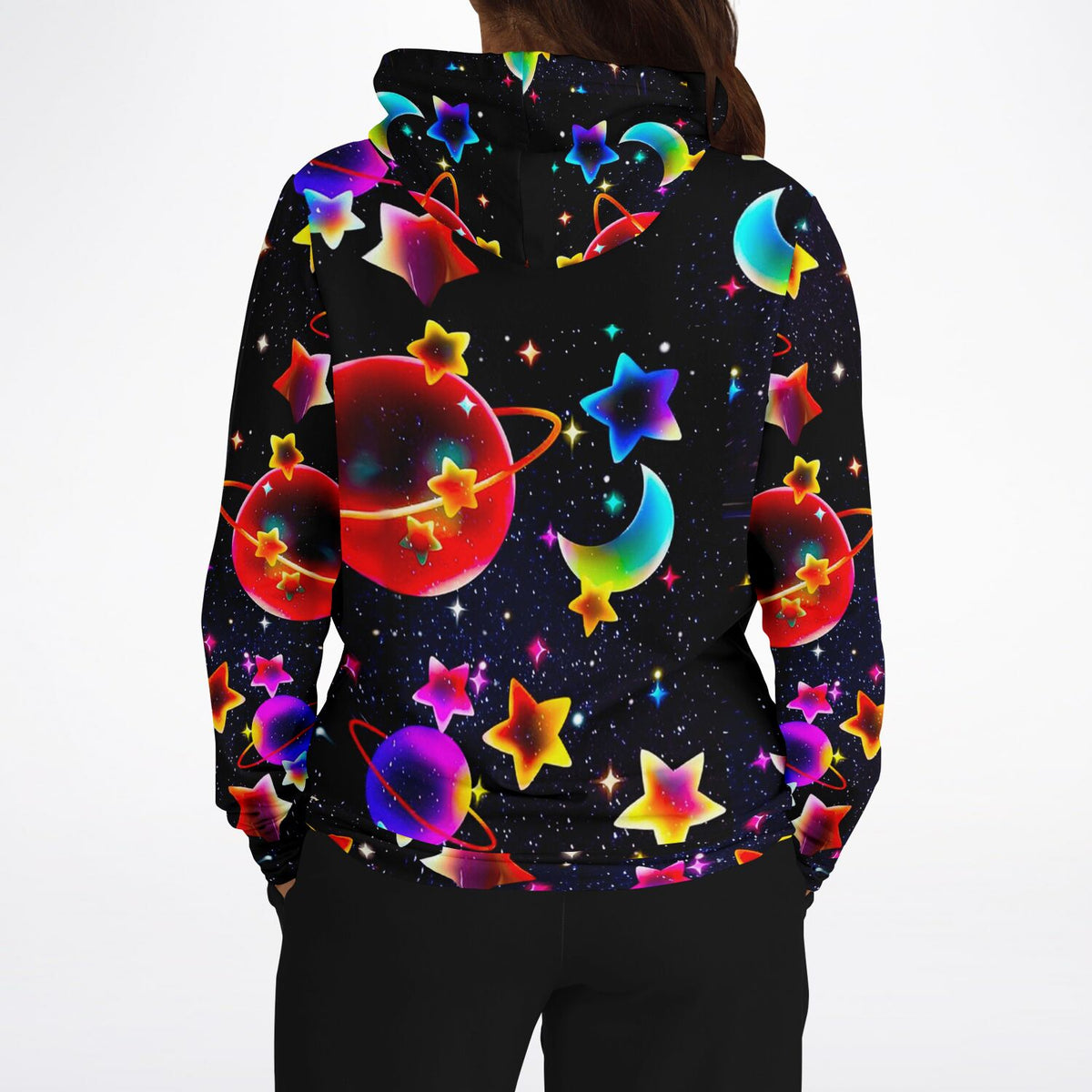 Dreamer Hoodie für Kinder mit buntem Universum-Muster, Planeten, Sternen und Mond-Design in leuchtenden Farben