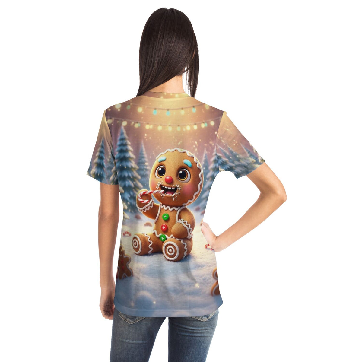 Frau mit T-Shirt mit weihnachtlichem Lebkuchenmann Motiv, perfekt kompatibel mit Diamond Painting oder Malen nach Zahlen