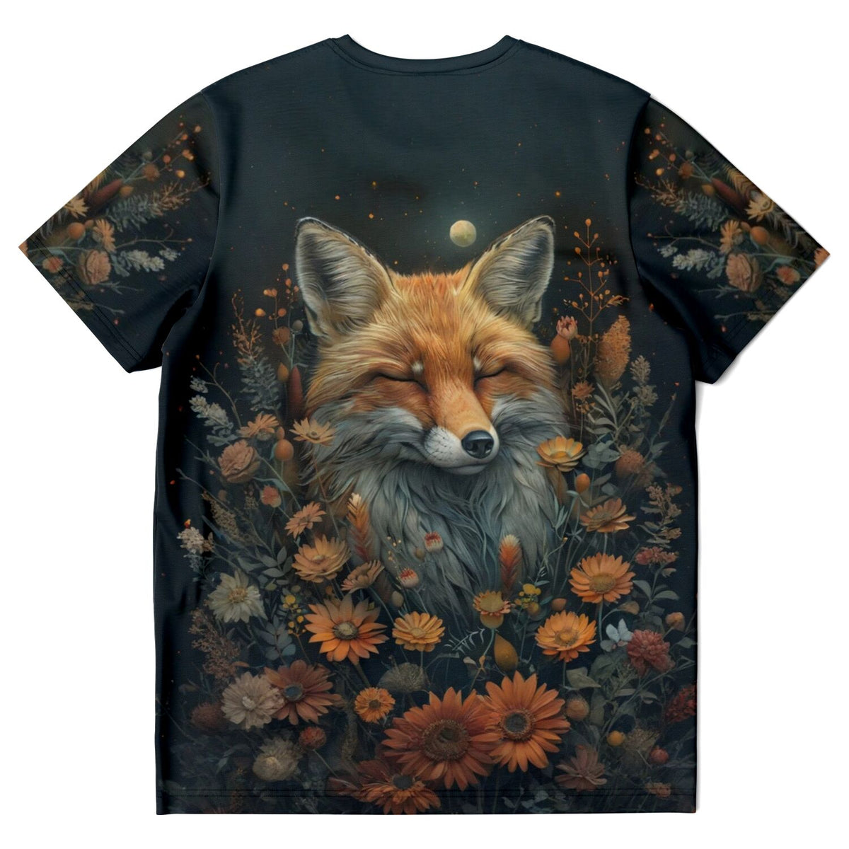 Schwarzes T-Shirt mit Fuchs-Motiv und Blumendruck, inspiriert von Diamond Painting und Malen nach Zahlen Designs
