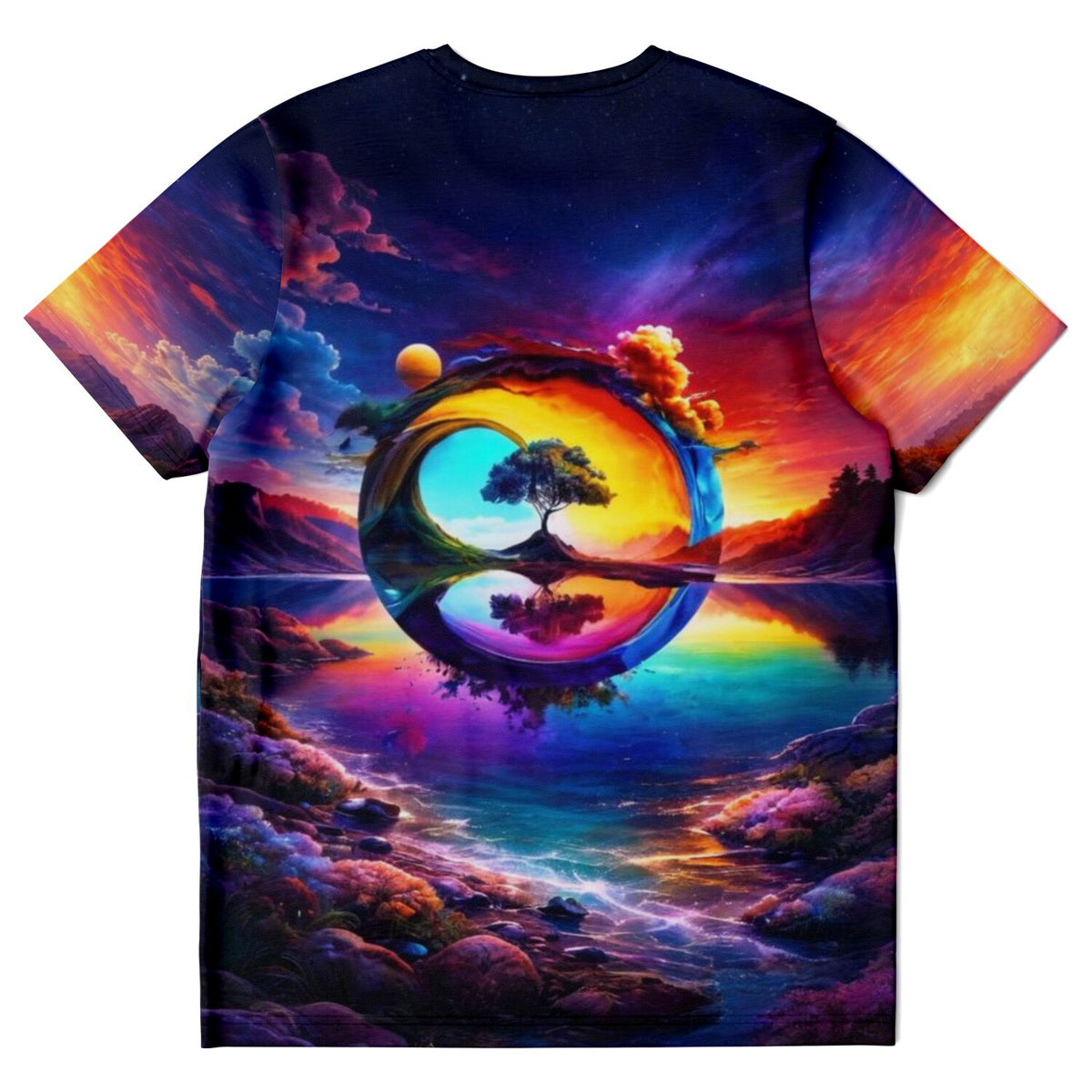 T-Shirt mit Fantasy-Motiv: Ein leuchtender Baum im Ying-Yang-Kreis vor surrealem Sonnenuntergang und bunter Landschaft.