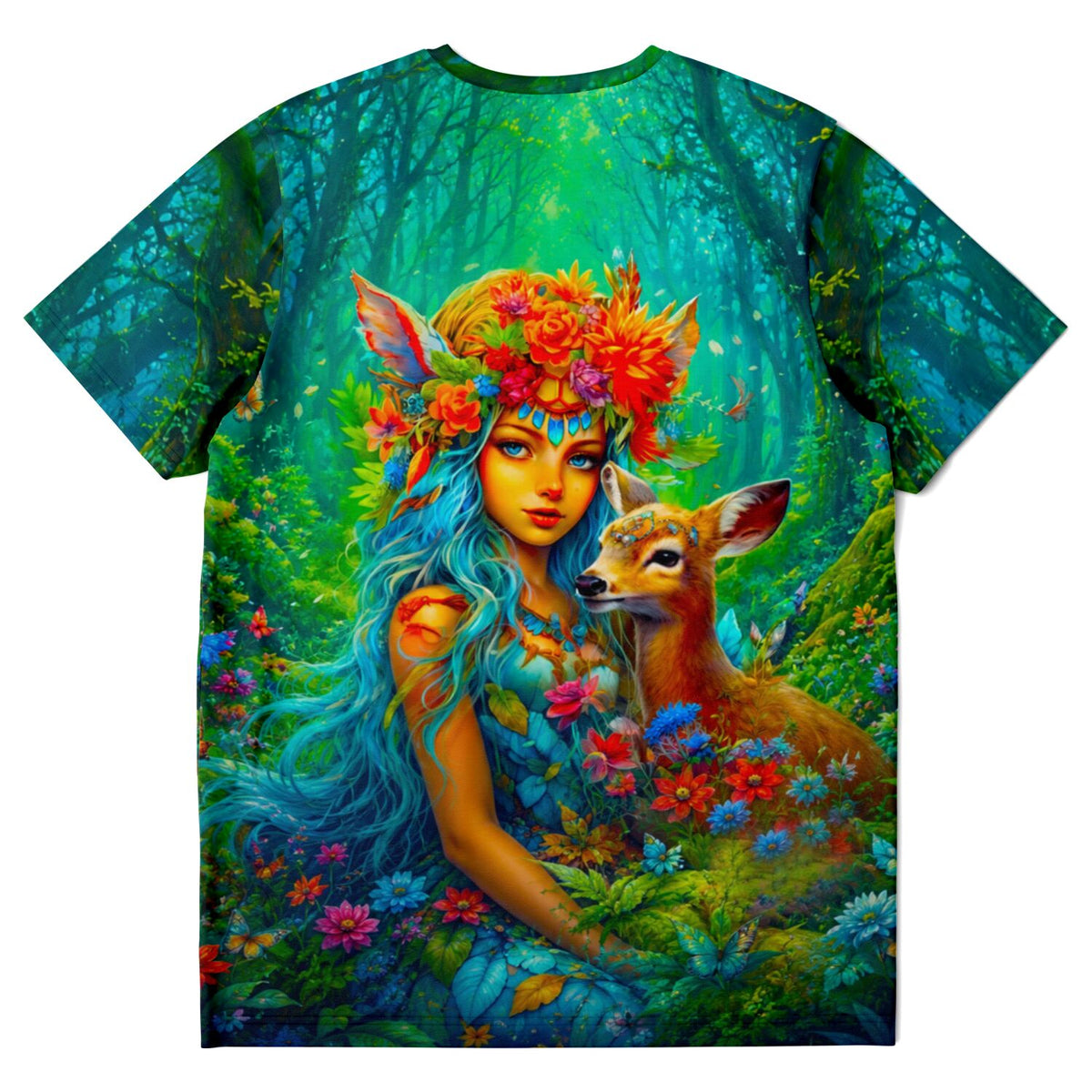 T-Shirt mit buntem Waldmädchen-Motiv, inspiriert durch Malen nach Zahlen Designs und Diamond Painting Fantasy-Stil.