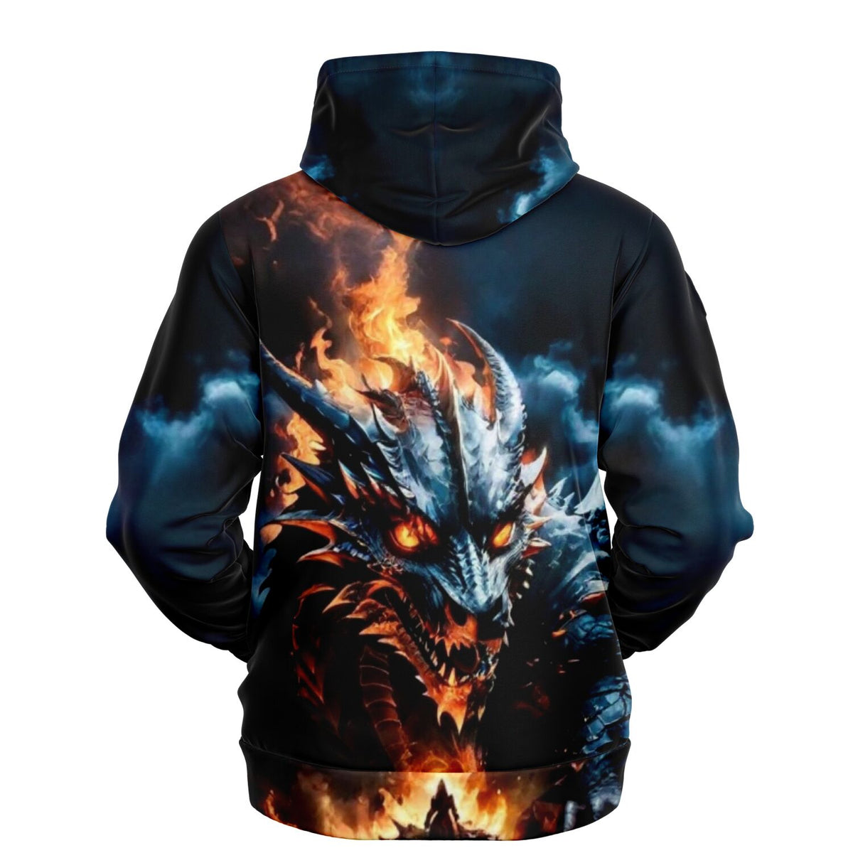 Schwarzer All-Over-Print Hoodie mit bedrohlichem Drachenmotiv, flammenden Augen und Feuer-Design auf der Rückseite