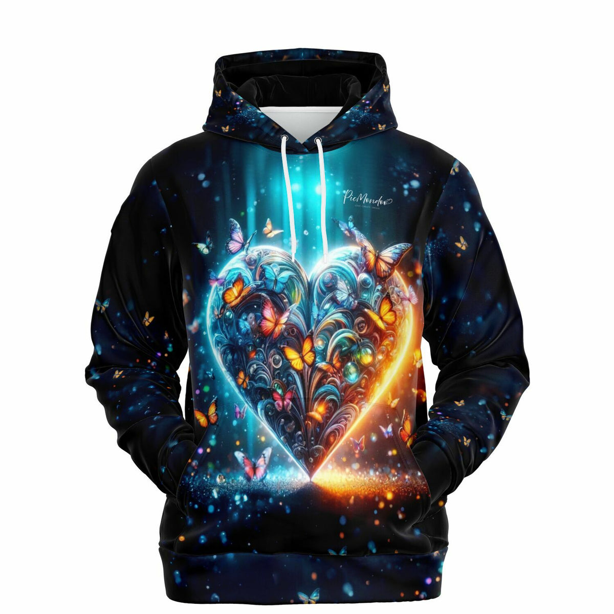 Dreamer Hoodie von Picmondoo mit magischem Schmetterlingsherz-Motiv in leuchtenden Farben und Galaxy-Optik