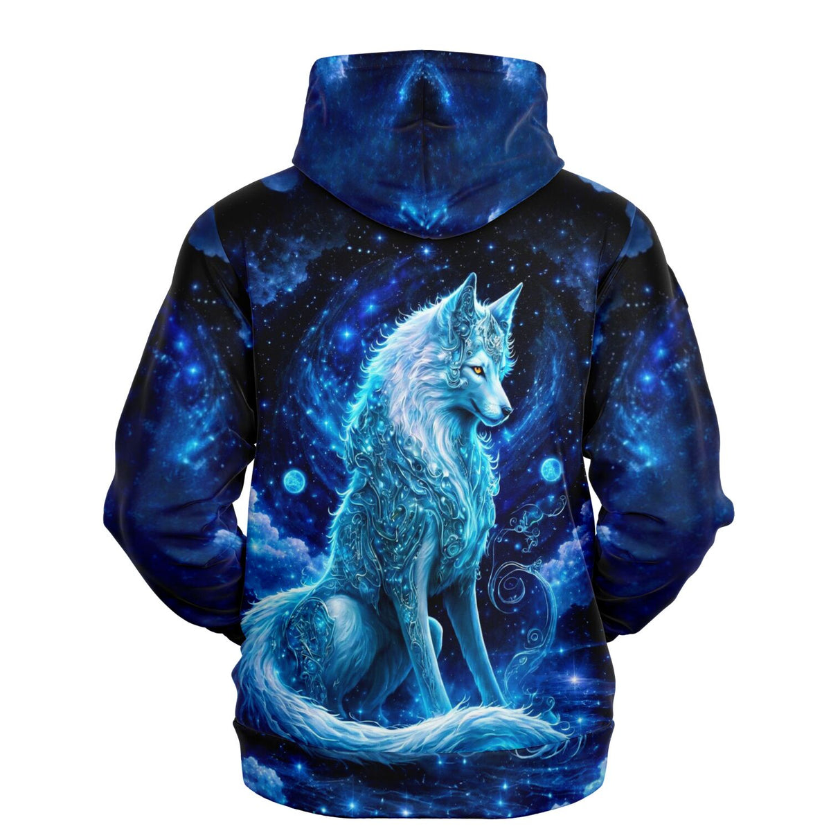 Dreamer Hoodie mit Leuchtbild-Wolfmotiv in Blau, inspiriert von Diamond Painting Kunstwerken für Erwachsene.
