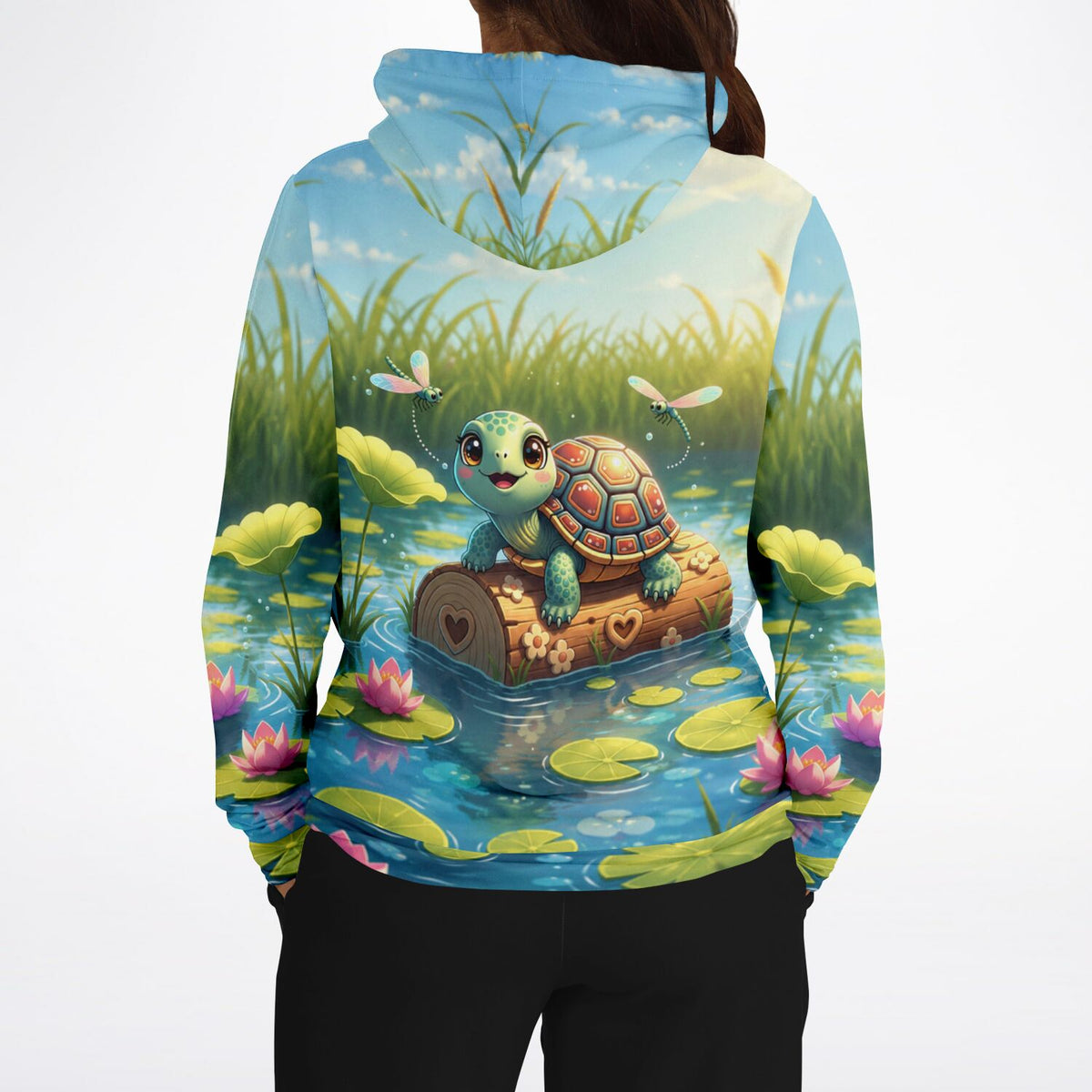 Dreamer Hoodie mit niedlichem Schildkrötenmädchen Karla Motiv, Seerosenteich-Design in lebendigen Farben für DIY-Fans