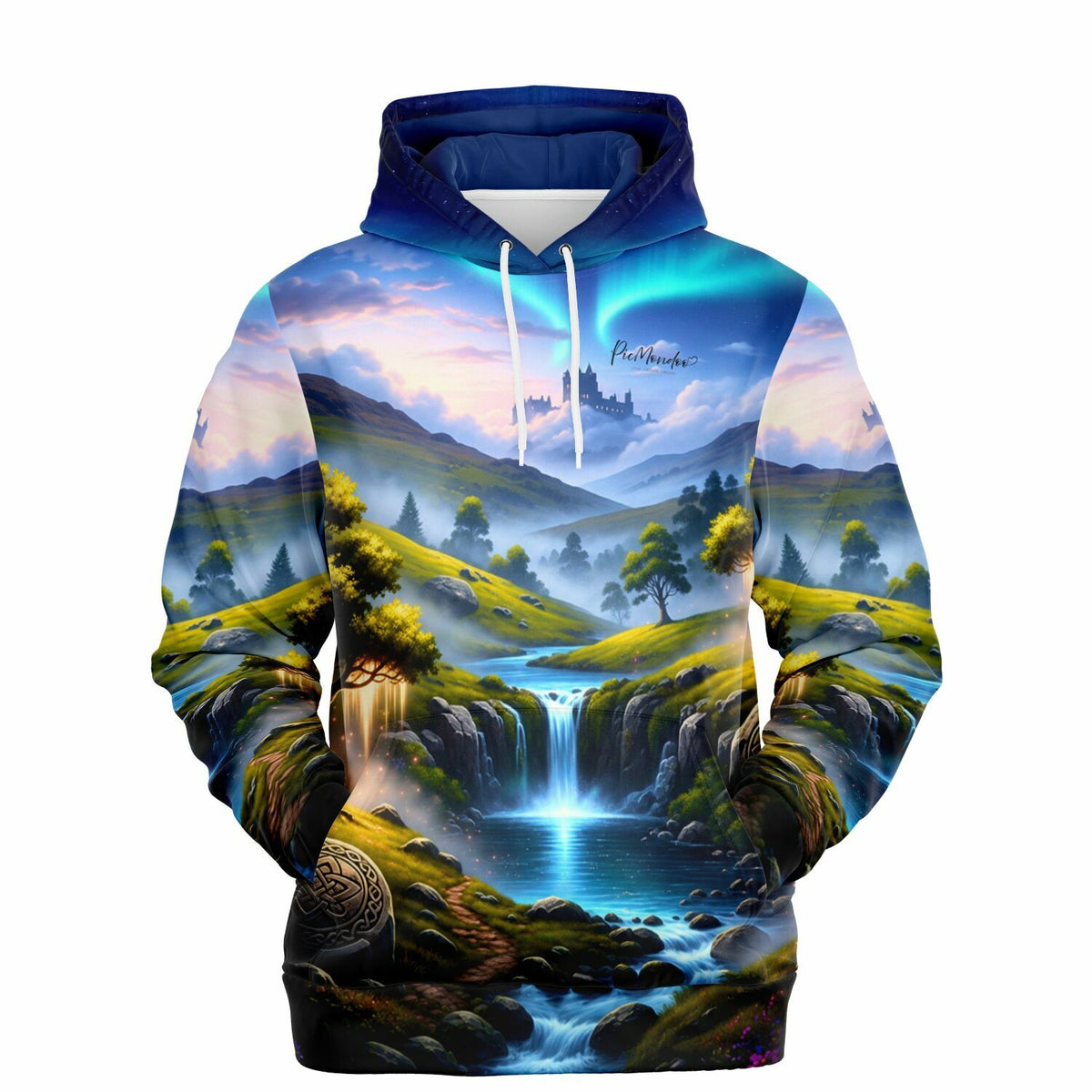 Dreamer Hoodie Tal der Erinnerung mit malerischer Naturlandschaft, Wasserfall und Schloss, im Stil von Malen nach Zahlen