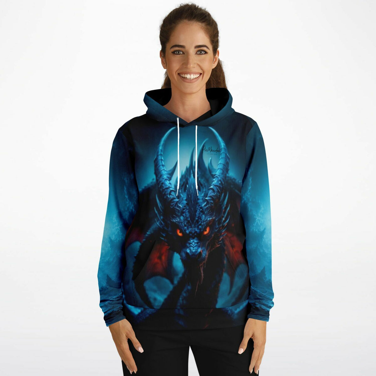 Dreamer Hoodie mit blauem Drachendesign und glühenden roten Augen für Fans von Diamond Painting und Fan-Art