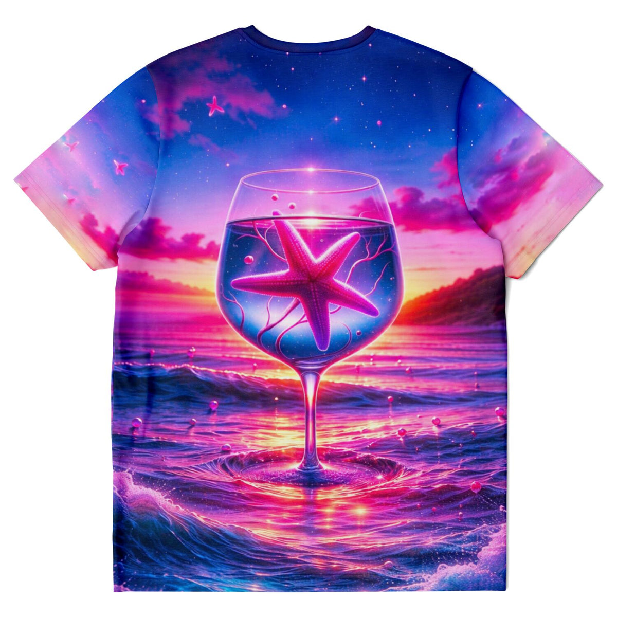 T-Shirt mit Seestern-Motiv in Weinglas vor traumhaftem Sonnenuntergang, perfekt als Inspiration für Diamond Painting