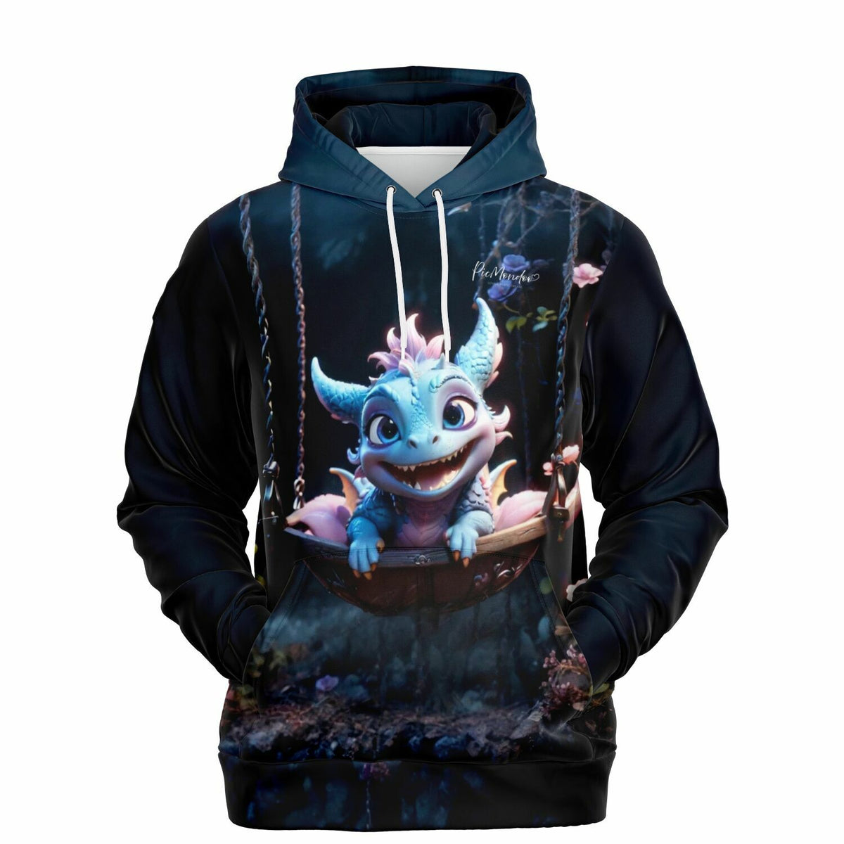 Dreamer Hoodie in Dunkelblau mit blauem Baby-Drachen Motiv, ideal für Fans von Diamond Painting und Fan-Art.