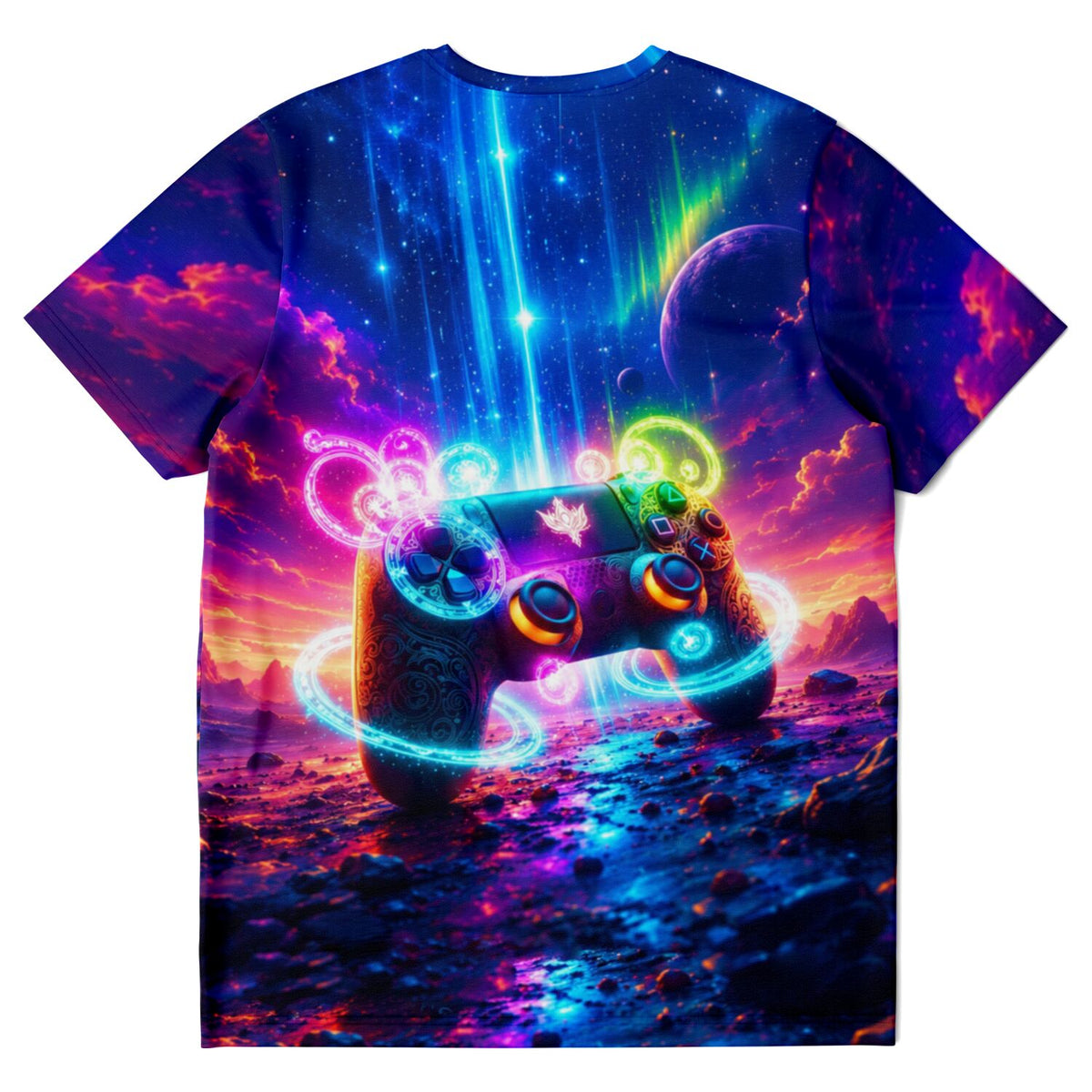 T-Shirt Gamer Universum mit leuchtendem Controller im Weltraum-Design für Fans, ideal als DIY-Motiv.