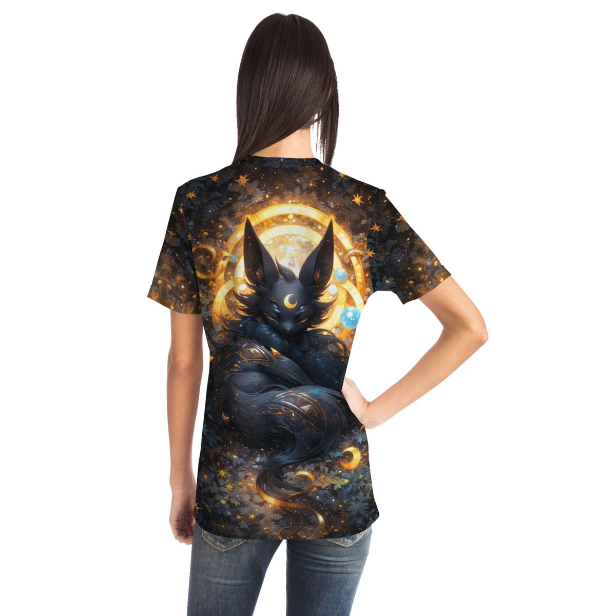 T-Shirt mit mystischem nächtlichem Fuchswesen, leuchtendem Mondmotiv und Sternen im magischen Fantasy-Stil