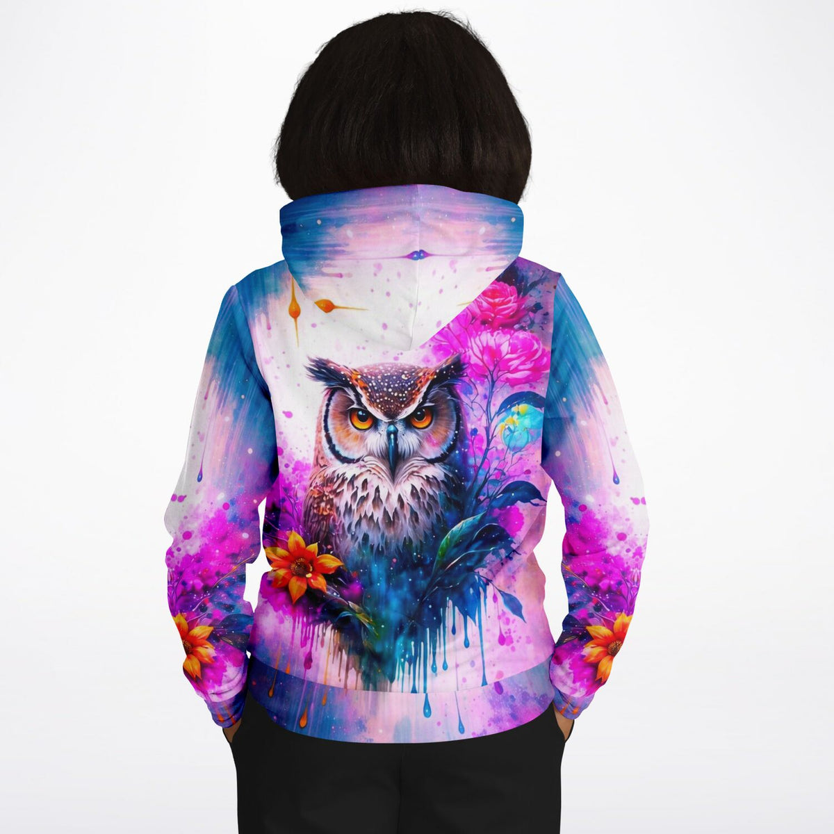 Dreamer Hoodie mit farbenfrohem Eulen-Motiv im Aquarell-Stil, passend für Fans von Diamond Painting und Malen nach Zahlen