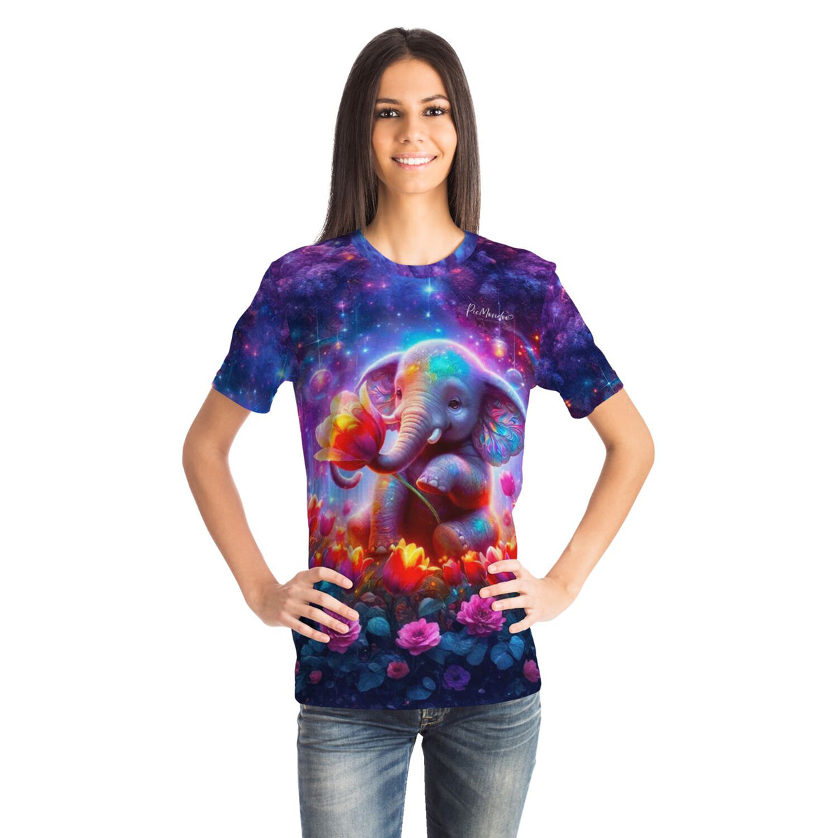 Frau trägt ein T-Shirt mit farbenfrohem Elefanten-Motiv im Stil von Diamond Painting und Malen nach Zahlen Designs.