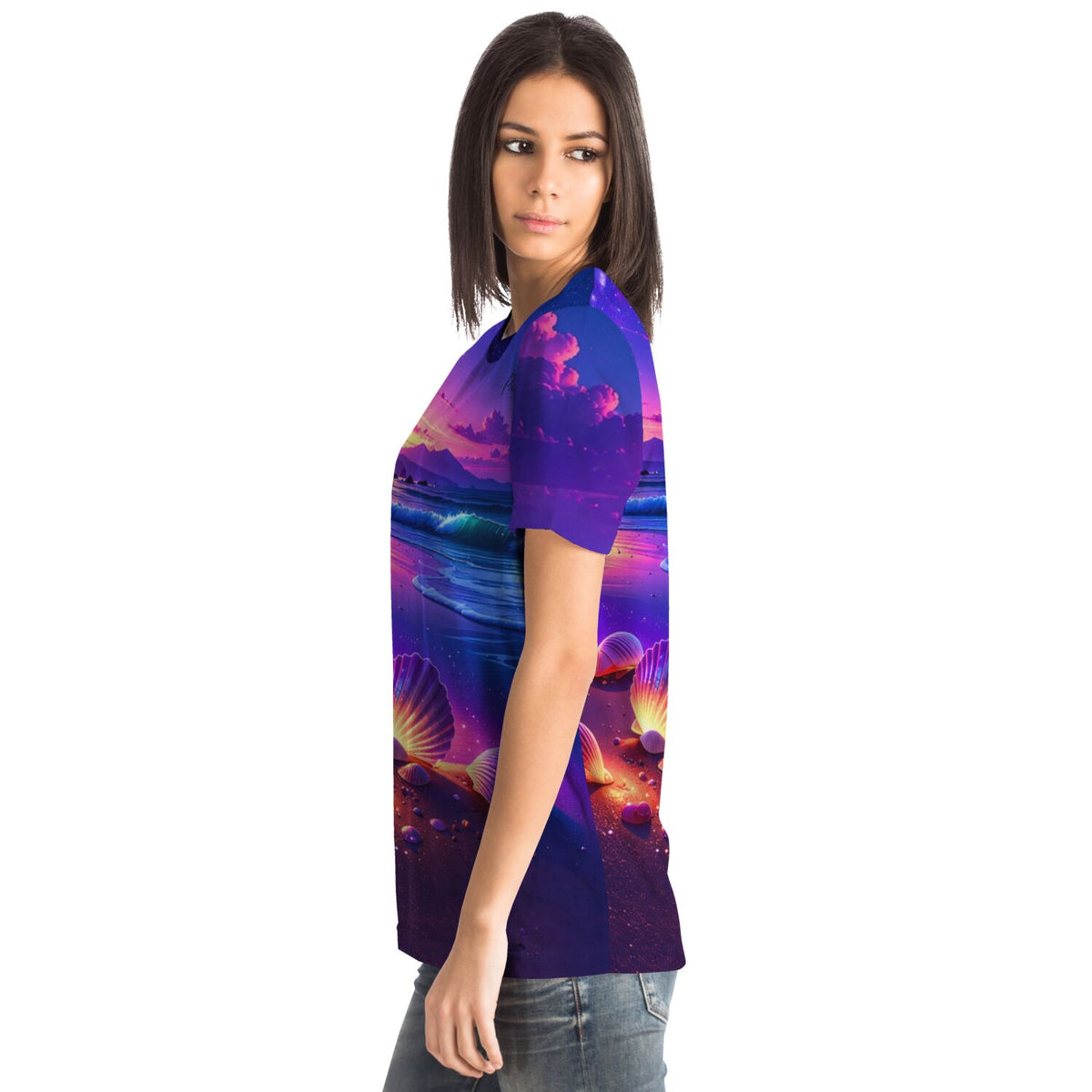 Dreamer T-Shirt mit Wunschmuscheln Motiv, farbenfroher Strand-Print in Pink und Blau für Kunst- und DIY-Fans