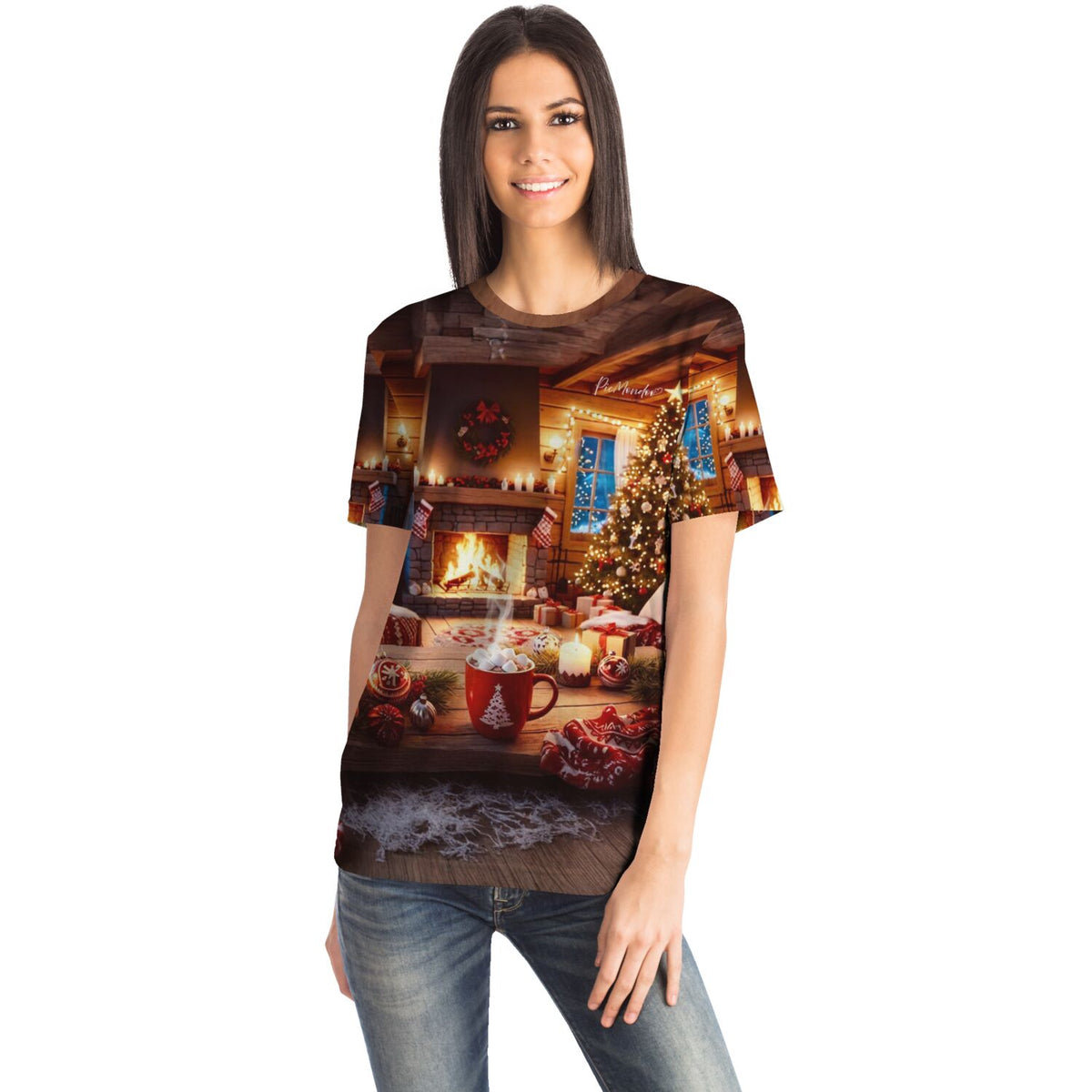 Frau trägt ein T-Shirt mit weihnachtlichem Holy Night Motiv – passend zu unseren Diamond Painting und Malen nach Zahlen Sets