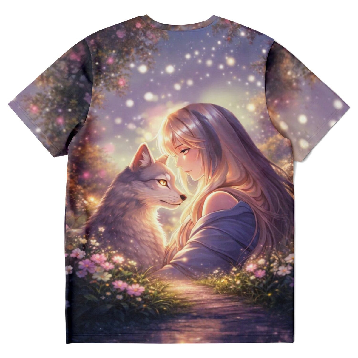 Dreamer T-Shirt mit Fantasy-Motiv von Mädchen und Wolf im magischen Wald, inspiriert durch Diamond Painting Kunstwerke.