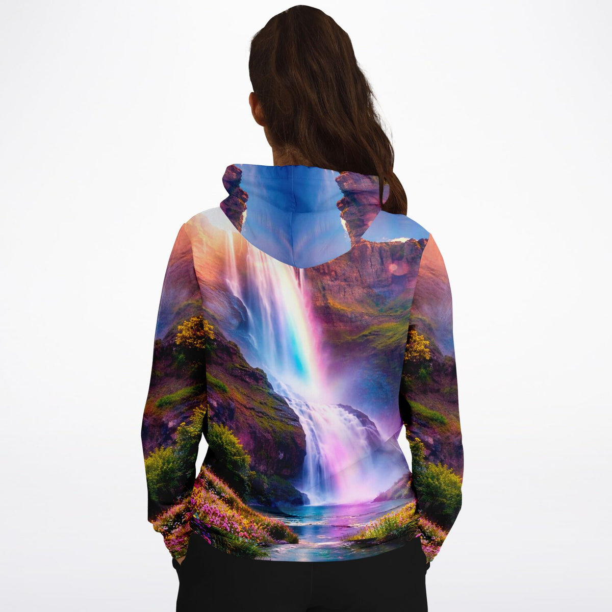 Dreamer Hoodie mit farbenfrohem Wasserfall-Motiv, das an kunstvolle Diamond Painting und Malen nach Zahlen Vorlagen erinnert.