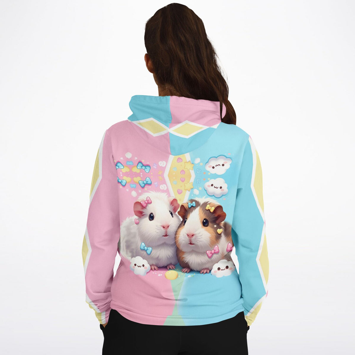 Dreamer Hoodie mit zwei niedlichen Meerschweinchen, Schleifen und süßem Kawaii-Design in Pastellfarben für Tierfreunde