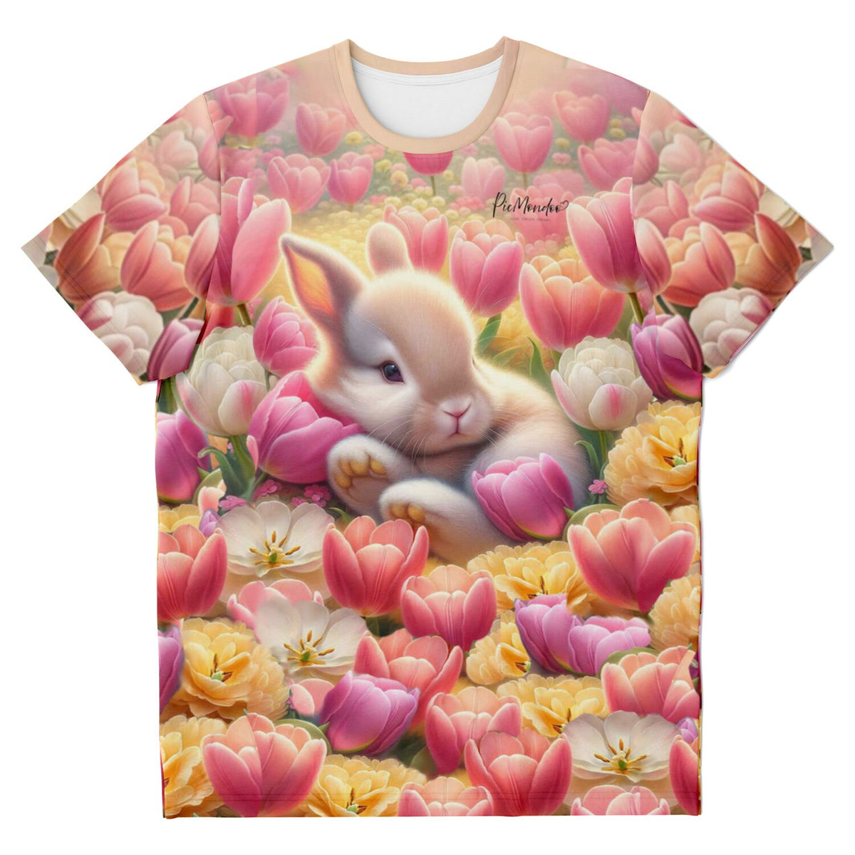 T-Shirt mit verträumtem Osterhäschen Motiv umgeben von bunten Tulpen, passend zu Malen nach Zahlen und Diamond Painting Designs