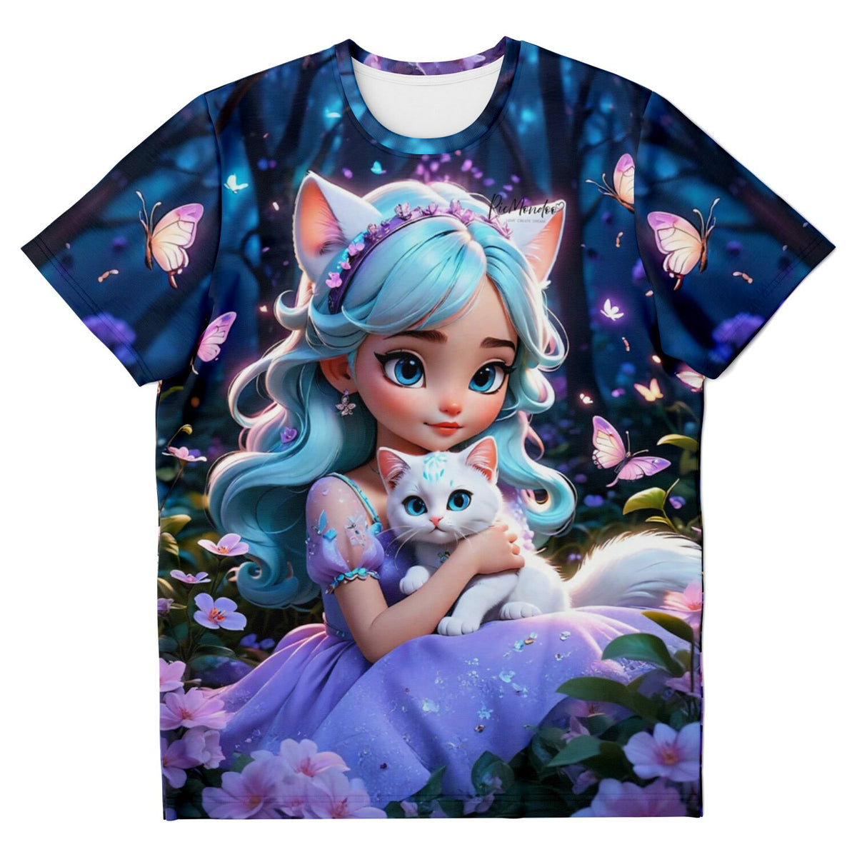 Dreamer T-Shirt Kim Kitty Girl mit magischem Anime-Mädchen, weißer Katze und Schmetterlingen im nächtlichen Wald
