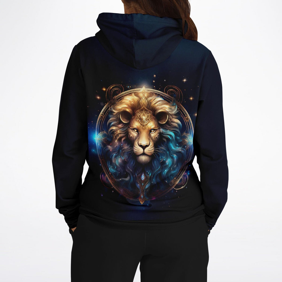 Schwarzer Hoodie mit goldenem Löwen-Sternzeichen und detailreichem, künstlerischen Design auf der Rückseite